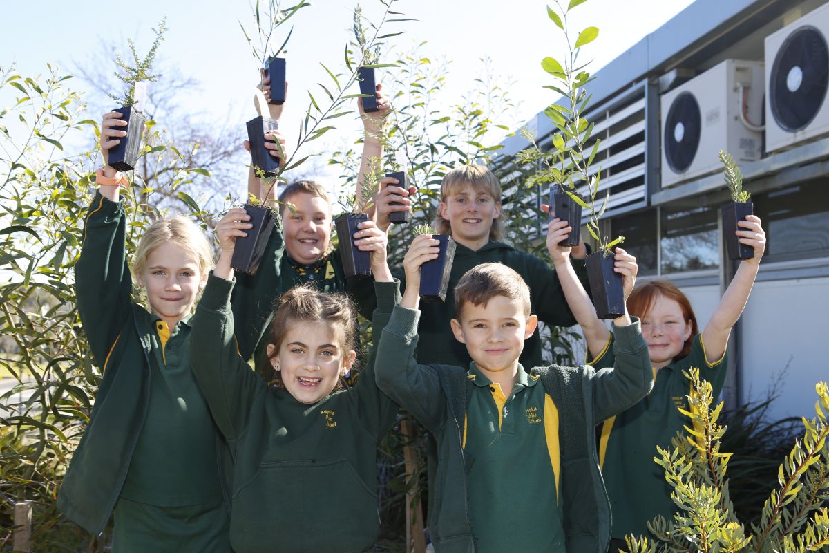 Six Kapooka Public School students stand in the school garden with local native plants, holding up the seedlings given to them by Council. 