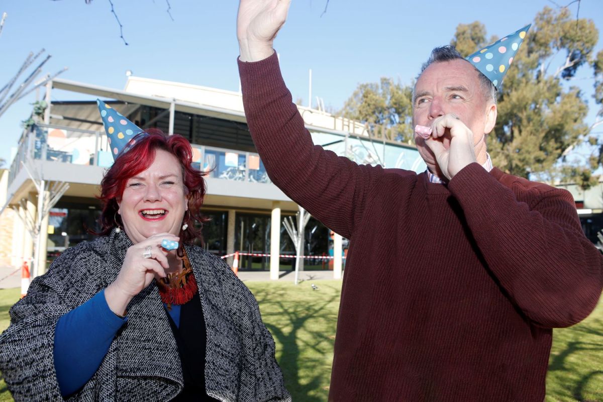 "Civic Theatre Manager Isobel MacCallum (left) and Councilor Mayor Dallas Tout (right) show their party spirit ahead of next week's events."