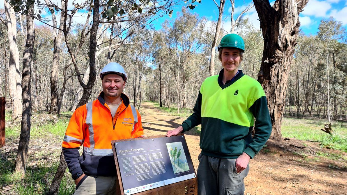 Site Foreman with contractors Fulton Hogan, Carlos Fragoso, and Wagga Wagga City Council Project Officer Henry Collie, at Silvalite Reserve, where construction is underway on a section of the Active Travel Plan Kapooka Link.