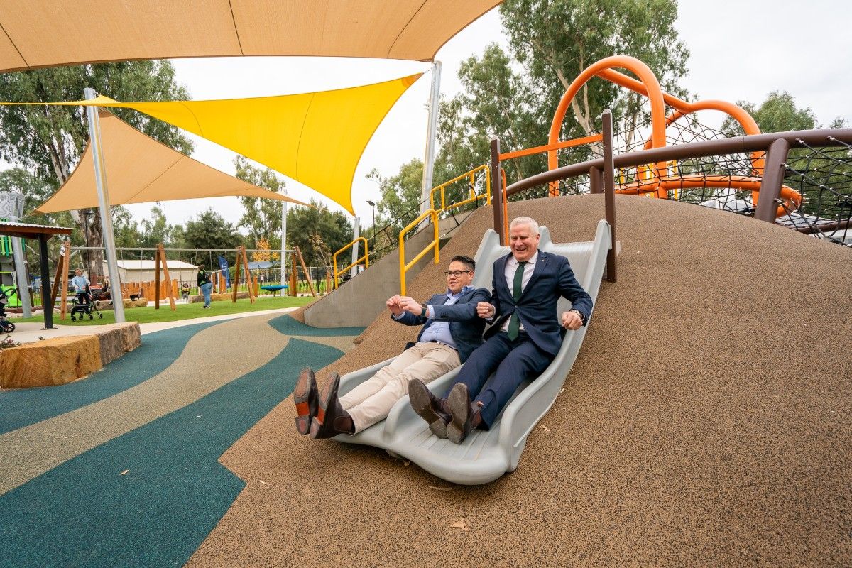 Member of the NSW Legislative Council Wes Fang and Member for Riverina Michael McCormack MP on slide