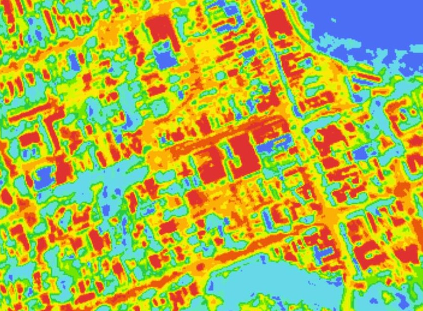 A heat map of a neighbourhood from overhead. 