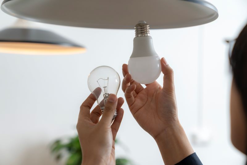 A young woman is changing a light bulb from an incandescent bulb to an LED bulb.