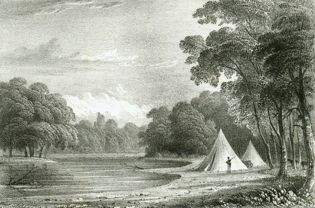 Engraving titled ‘View on the Morumbidge (sic) River' by W. Punser, from a sketch by Captain Charles Sturt, 1830s