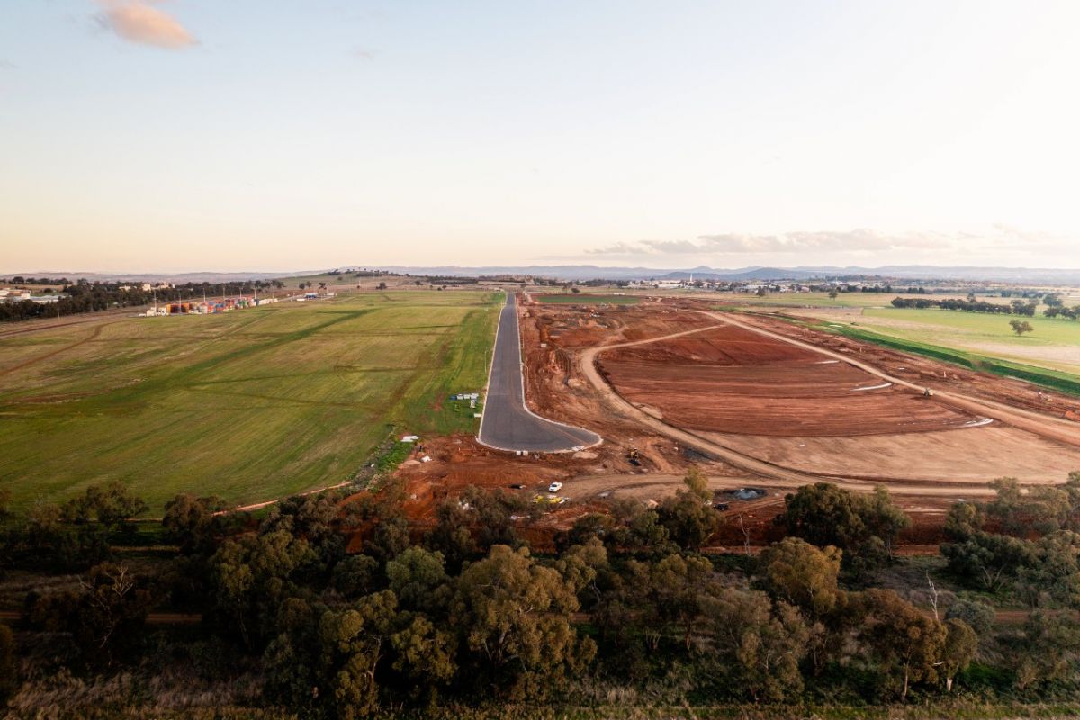 Aerial view of service road at the Riverina Intermodal Freight and Logistics Hub  